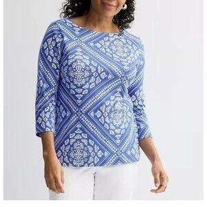 Croft & Barrow  Women's  Boatneck Top Size L, Indigo Scarf Tile